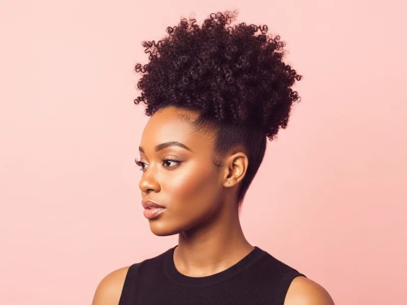 Afro puff hairstyle for women with 4C hair.