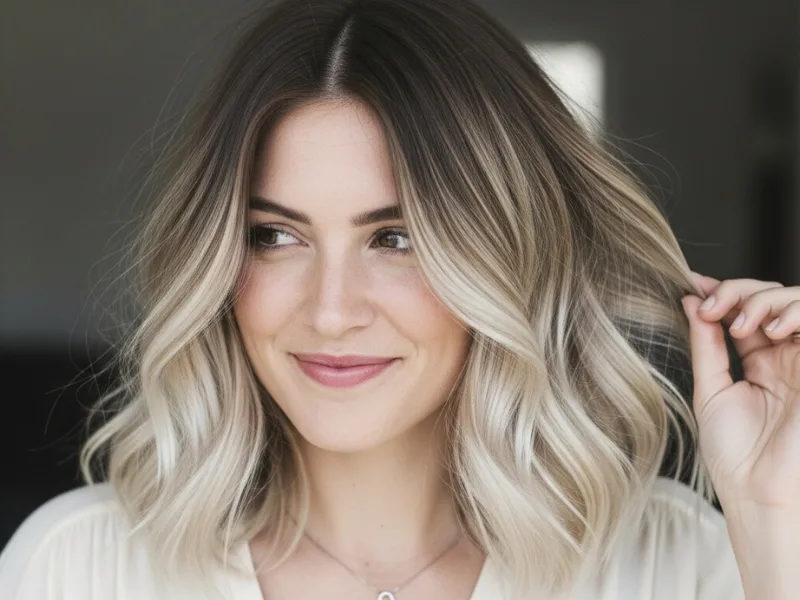 A woman showcasing ash blonde balayage with dark roots fading into lighter tips, styled in beachy waves.