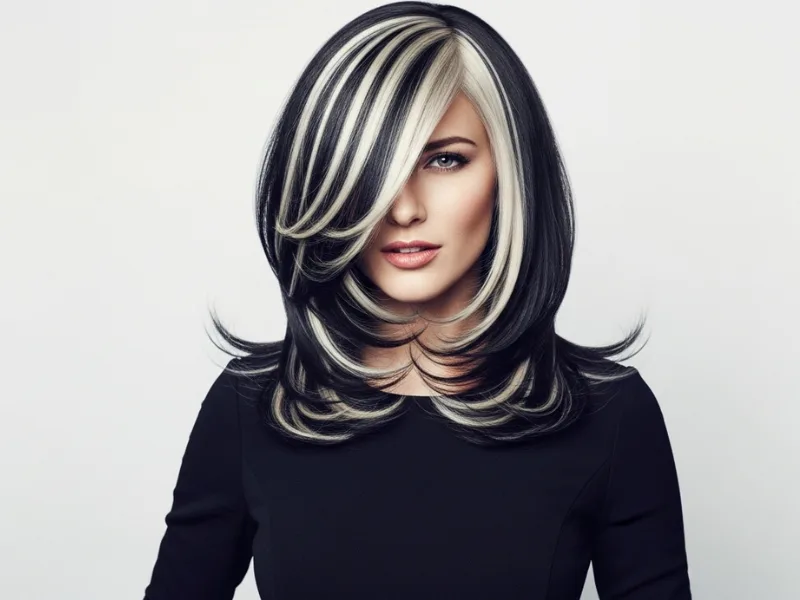 Black hair with ash blonde highlights, creating a dramatic contrast for an edgy, bold look.
