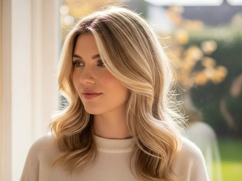Blonde hair with ash blonde highlights, adding dimension and depth to the natural color.