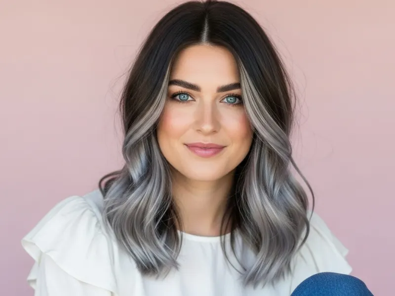 Dark brown hair with ash blonde highlights, creating a dimensional and brightened look