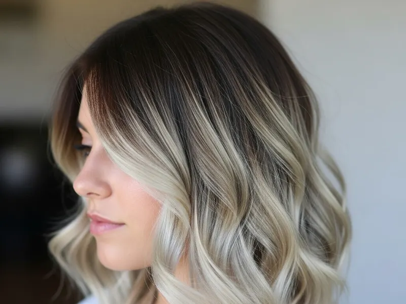 Ash blonde ombre hair with dark roots transitioning to light blonde tips, styled in loose waves.