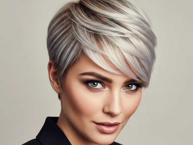 Ash blonde pixie cut with sharp angles and cool-toned highlights.