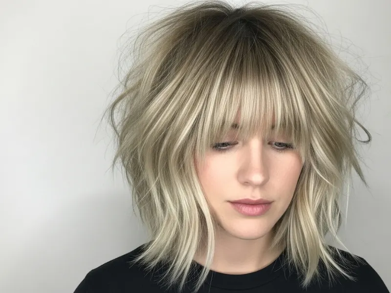 Ash blonde shaggy bob with light and dark blonde streaks, giving it a textured, modern look.