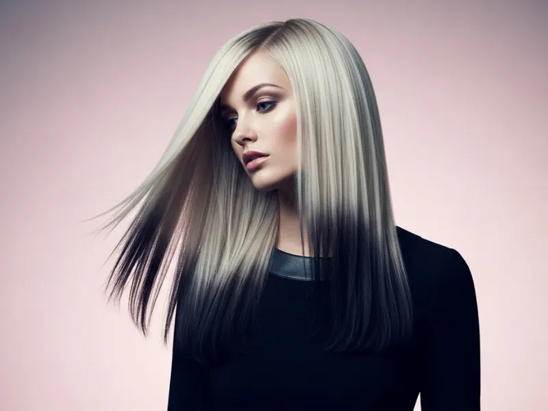 Ash blonde hair with darker ends, creating a shadowed gradient effect.