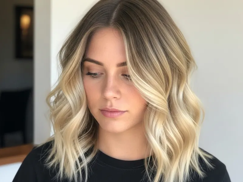 Ash blonde hair with darker roots, styled in soft, textured waves for a trendy, voluminous look.