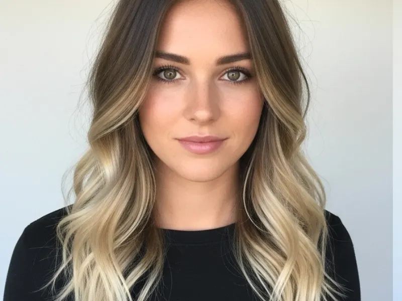 Ash blonde hair with face-framing highlights, styled in soft waves for a glowing look.