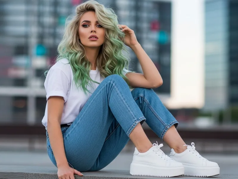 Ash blonde hair with green undertones, styled in loose curls to enhance the unique color.