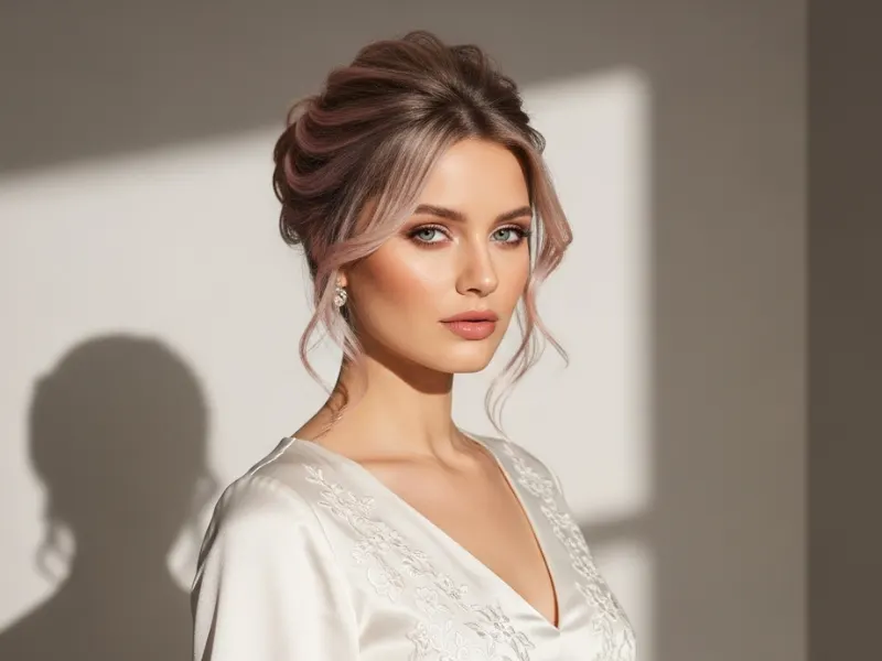 Ash blonde hair with pink tones, styled in a chic updo.