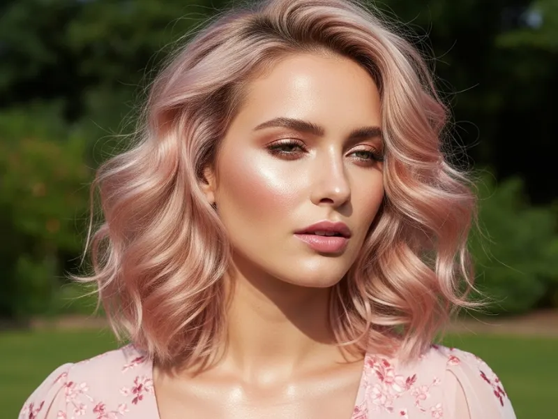 Ash blonde hair with rose gold accents, styled in voluminous curls for a warm, trendy look.