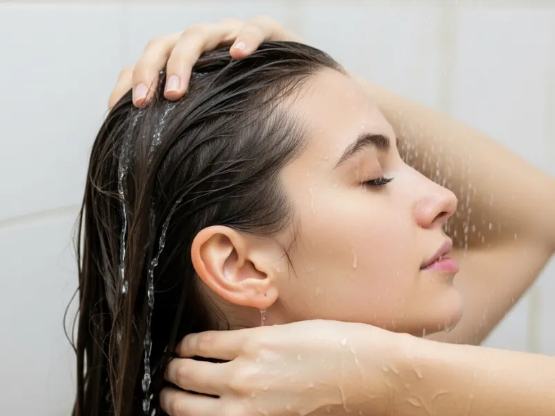 Woman washing hair with lukewarm water to prevent dryness and damage.