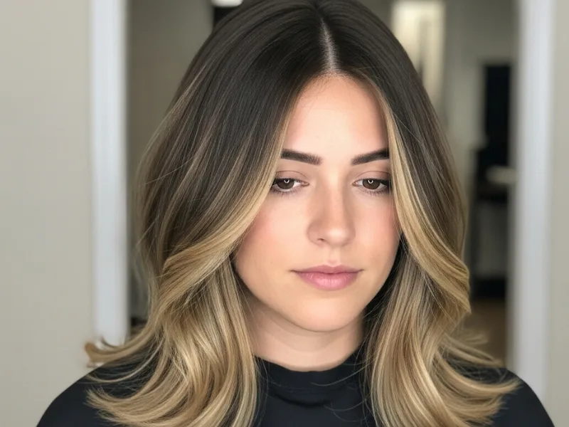 Medium brown hair with balayage highlights creating a sun-kissed, natural look