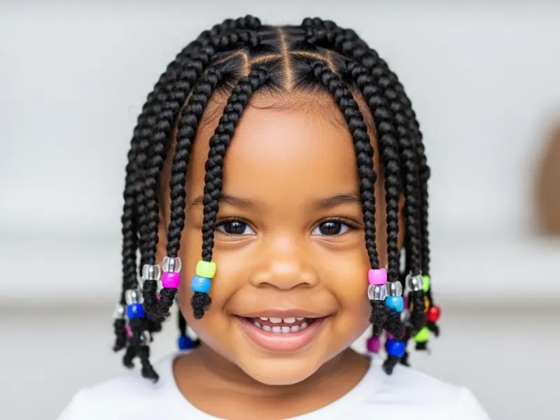Little girl with braids and colorful beads at the ends.