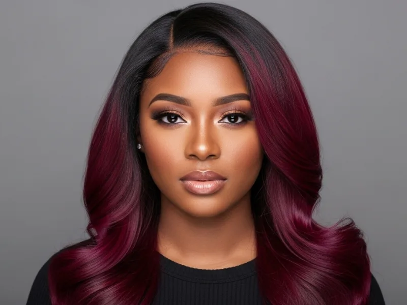 Woman with bold burgundy hair in soft waves.