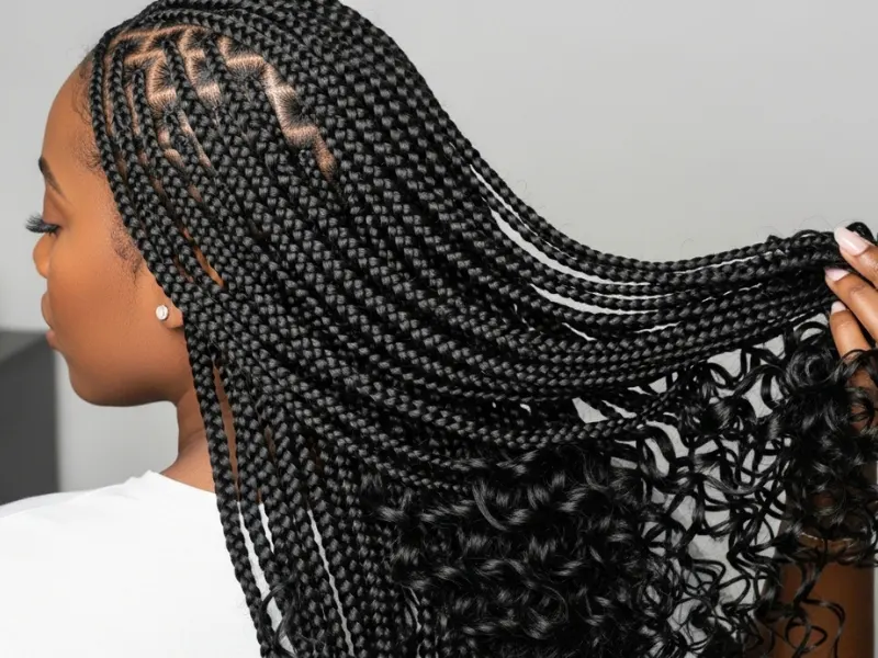 Black woman with box braids and curly ends