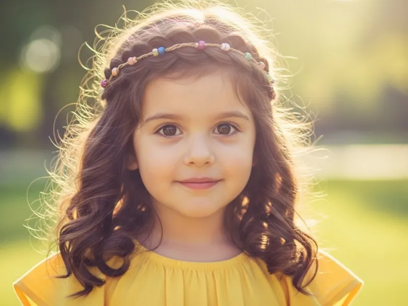 Little girl with a braided crown and loose hair hairstyle
