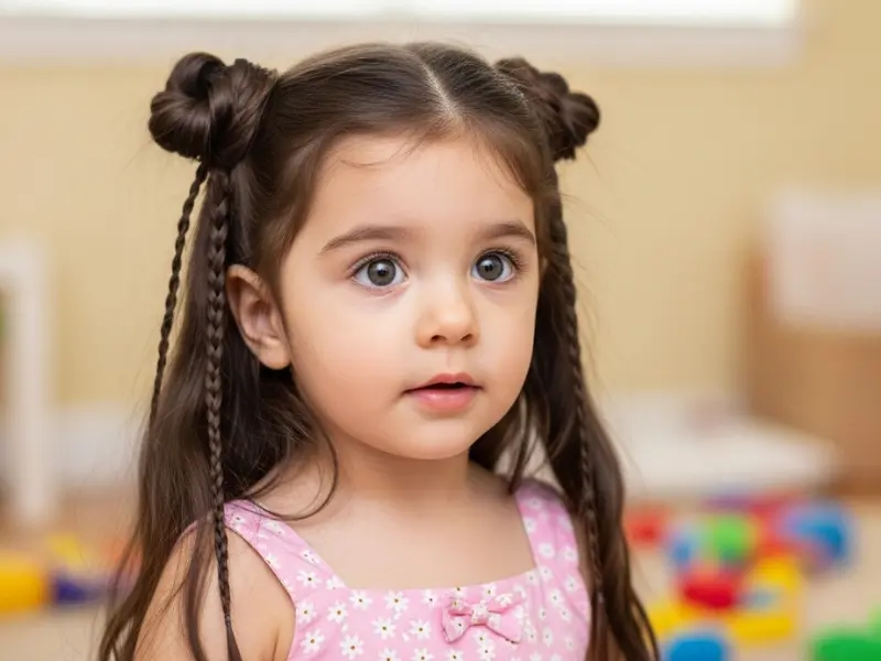 Toddler with braided pigtail bun