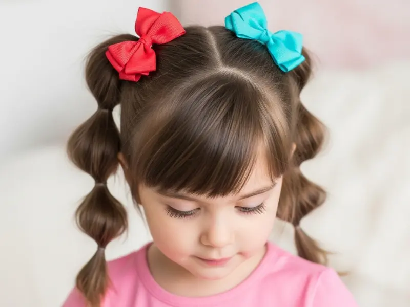 Young girl with two bubble ponytails secured with red and turquoise bows
