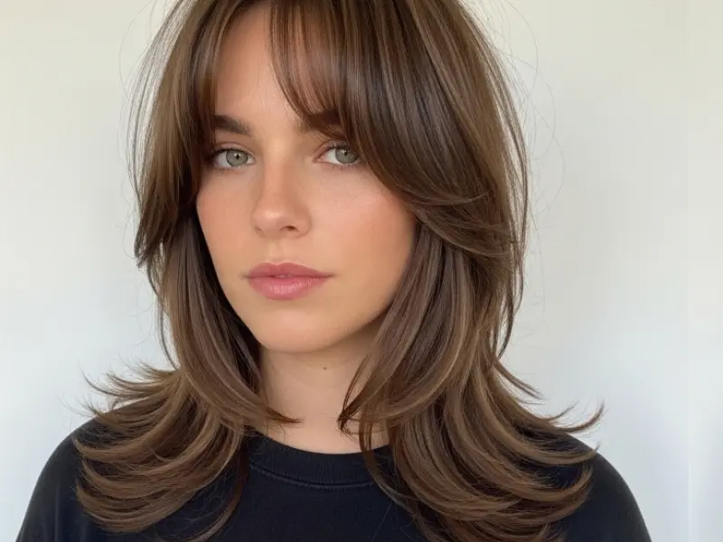 Butterfly haircut with curtain bangs framing the face