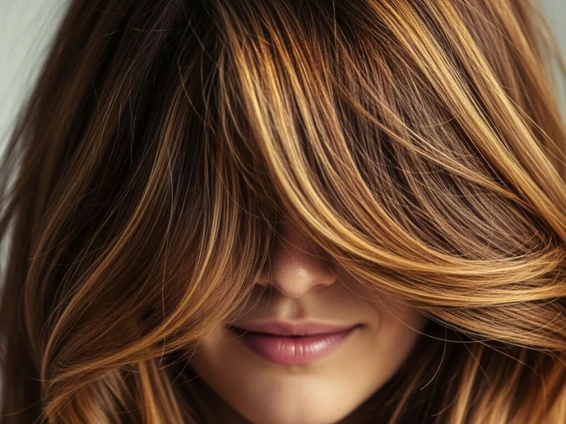 Chestnut brown hair with caramel highlights for a rich, inviting appearance.