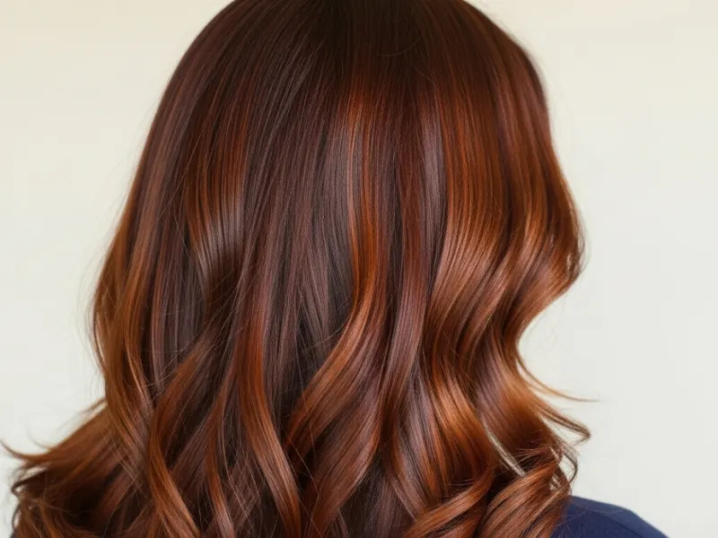 Chestnut brown hair with copper highlights creating a bold, fiery contrast