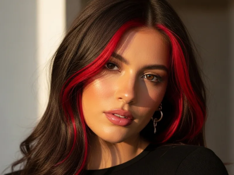 "Chocolate brown hair with cherry highlights for a bold, vibrant effect