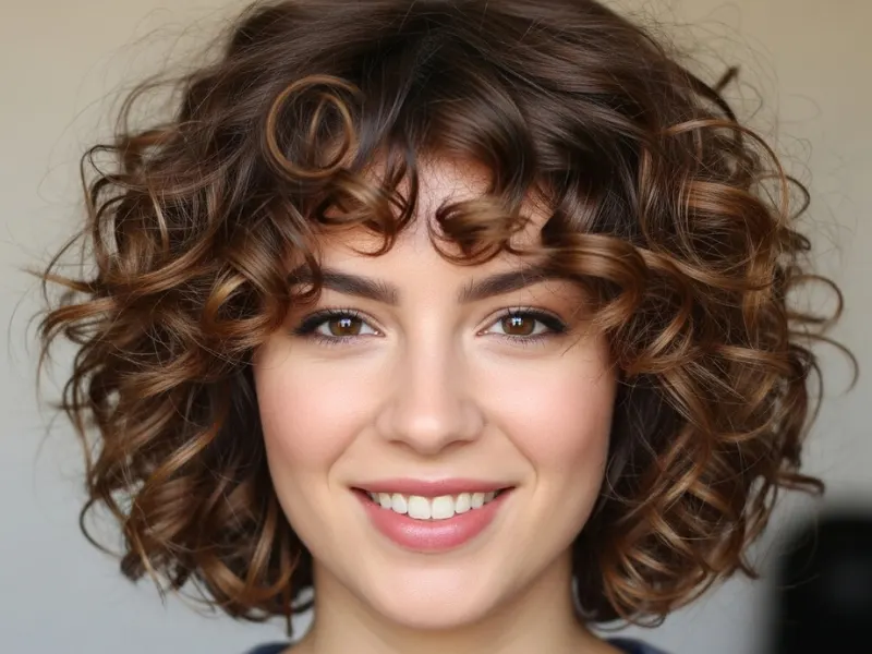 Classic curly bob haircut with defined curls framing the face