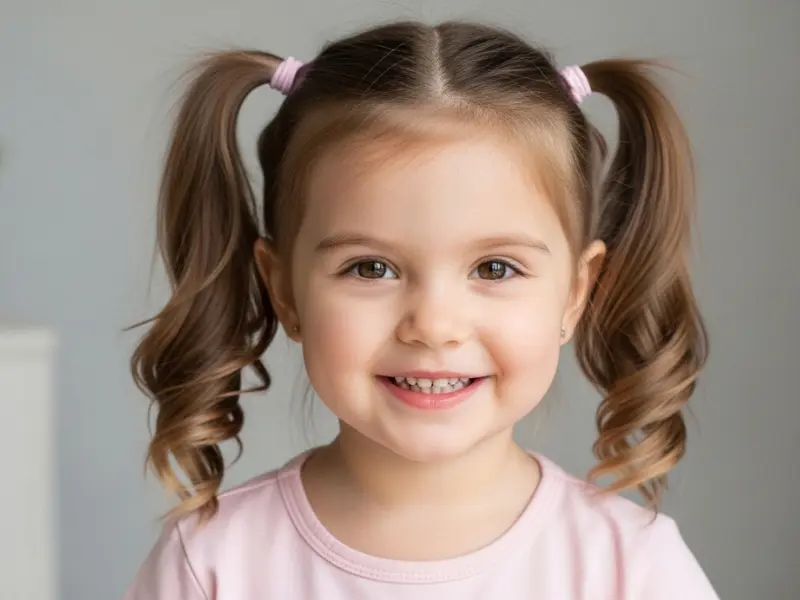 Three-year-old girl with soft pink pigtails tied with pastel-colored elastics.