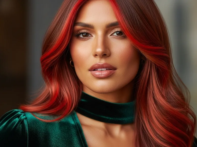 Copper brown hair with red-orange highlights for a bold, fiery contrast