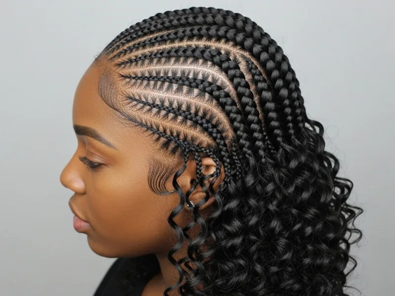 Black woman with cornrows and curly ends hairstyle