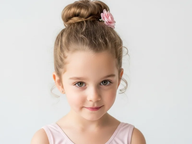 Little girl with curly ballerina bun hairstyle
