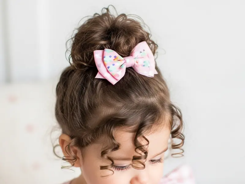 "Toddler girl with a curly bun and a bow