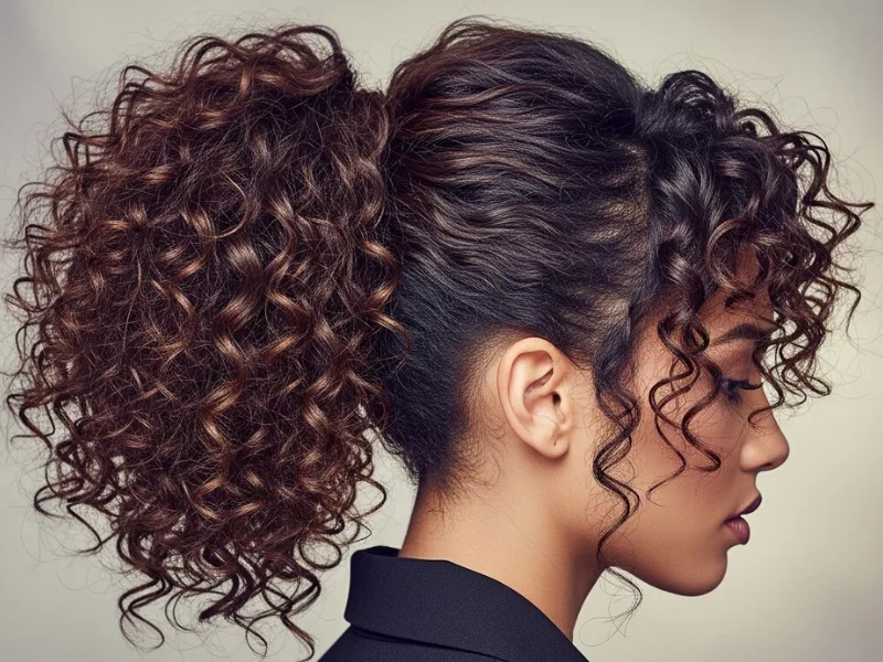 High ponytail curly hair hairstyle with voluminous curls.
