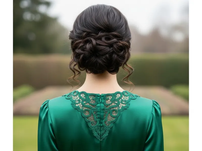 "Curly low bun with soft curls around the face