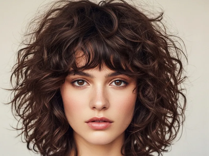 Trendy curly shag haircut with layers and bangs
