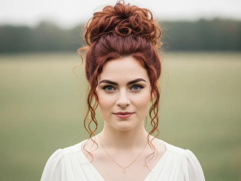 High curly top knot with a messy bun