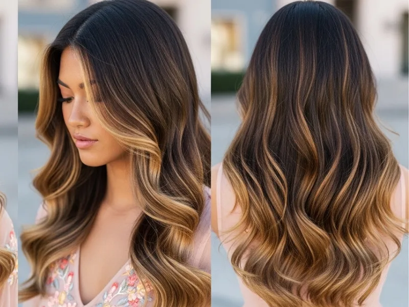 Dark brown hair with caramel and blonde highlights creating a multi-dimensional look