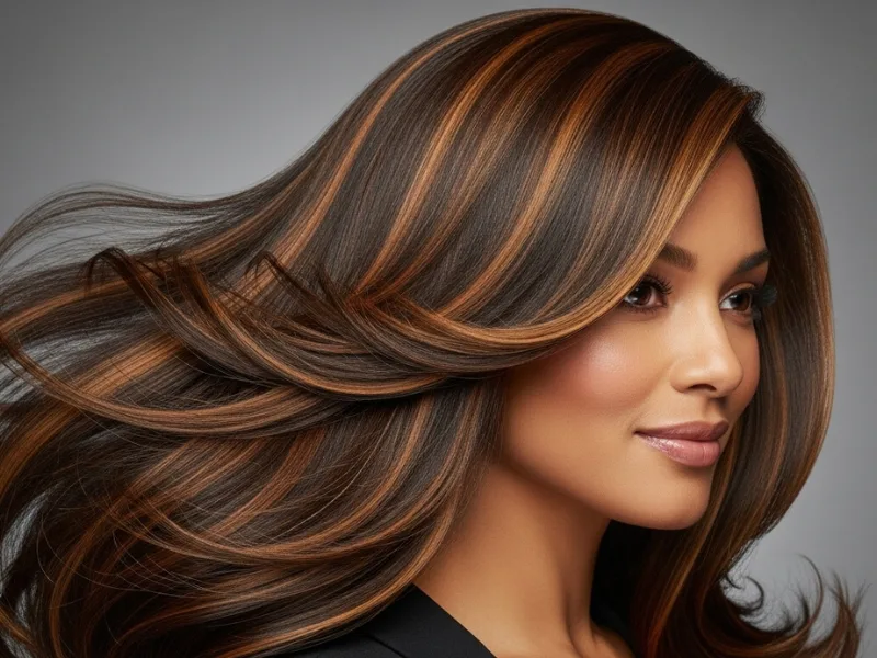 Dark brown hair with soft caramel highlights for a subtle, glowing look
