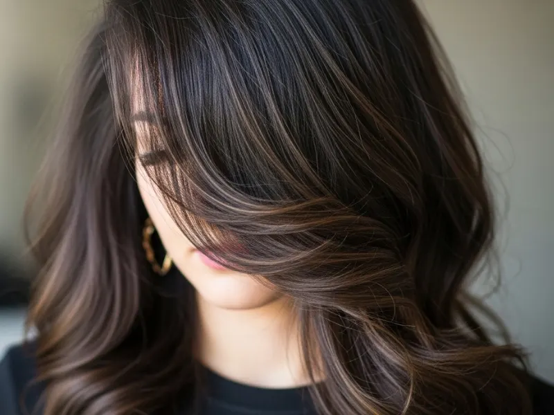 Dark brunette hair with ash brown highlights for a cool, sleek look.