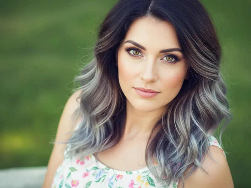 Deep brown hair with ashy blonde highlights creating a sleek, modern look.