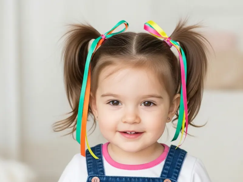 Toddler girl with double pigtails tied with colorful ribbons