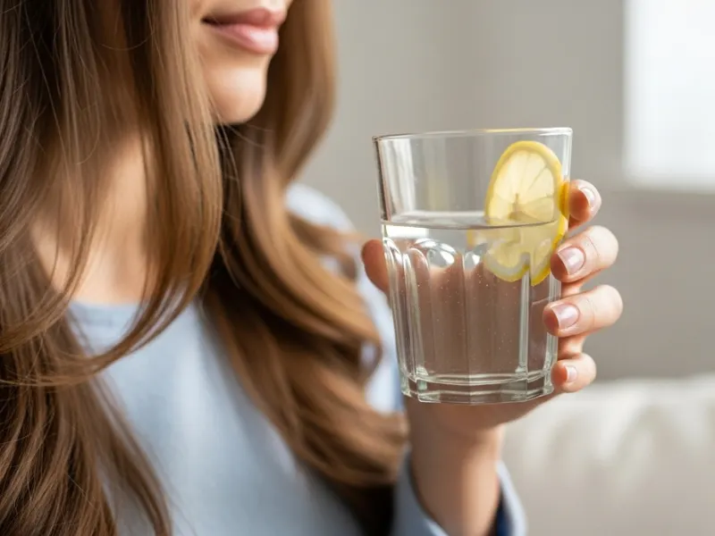 Glass of water with a lemon slice for hydration, promoting healthy, moisturized hair.