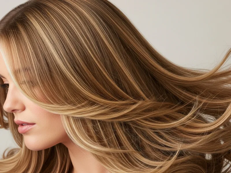 Golden brown hair with blonde highlights creating a radiant, sun-kissed effect.