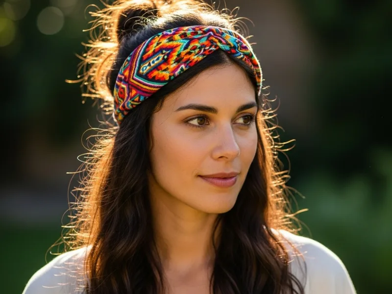 Half-up, half-down hairstyle with a colorful headband