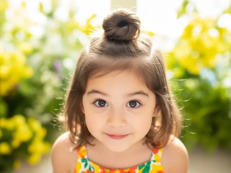 Little girl with half-up twisted top knot hairstyle.