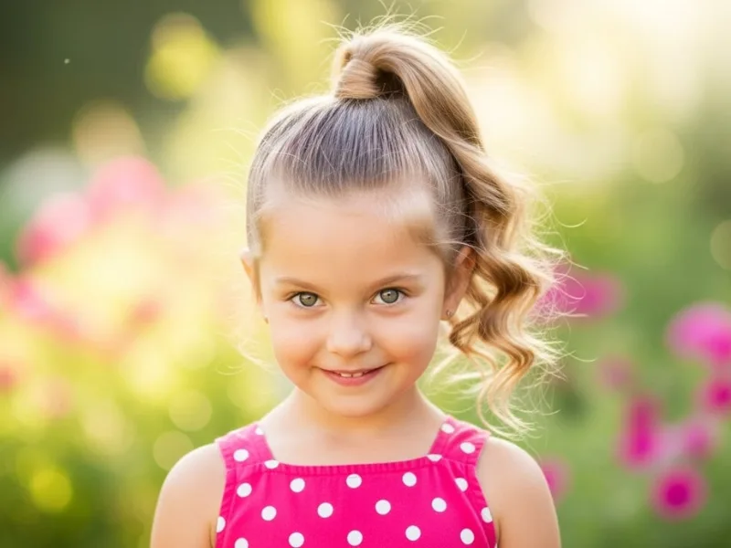 Little girl with a high ponytail and curly hair