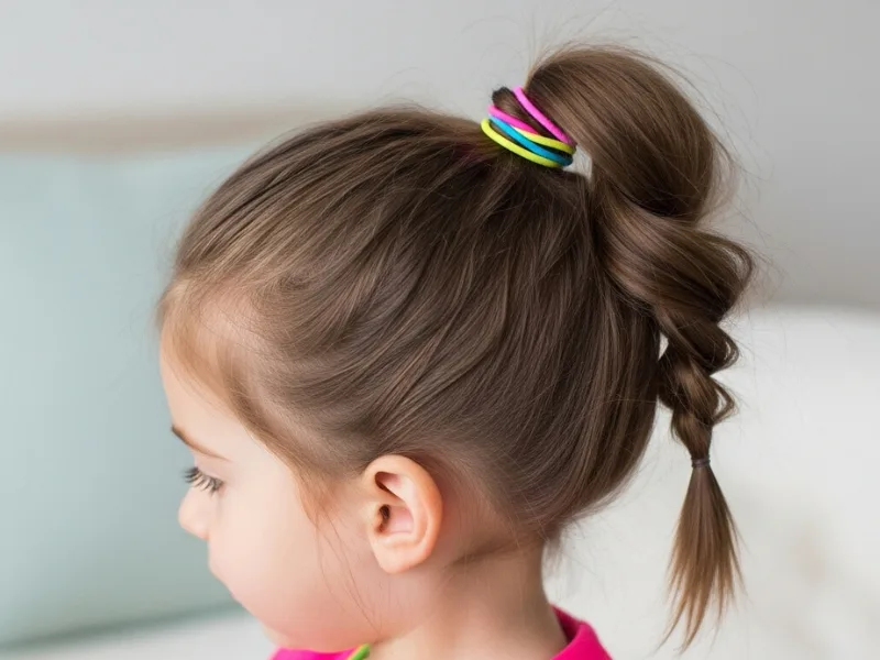 Toddler with a high ponytail styled with a twis