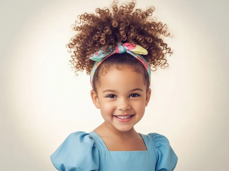 Little girl with a high puff and ribbon hairstyle