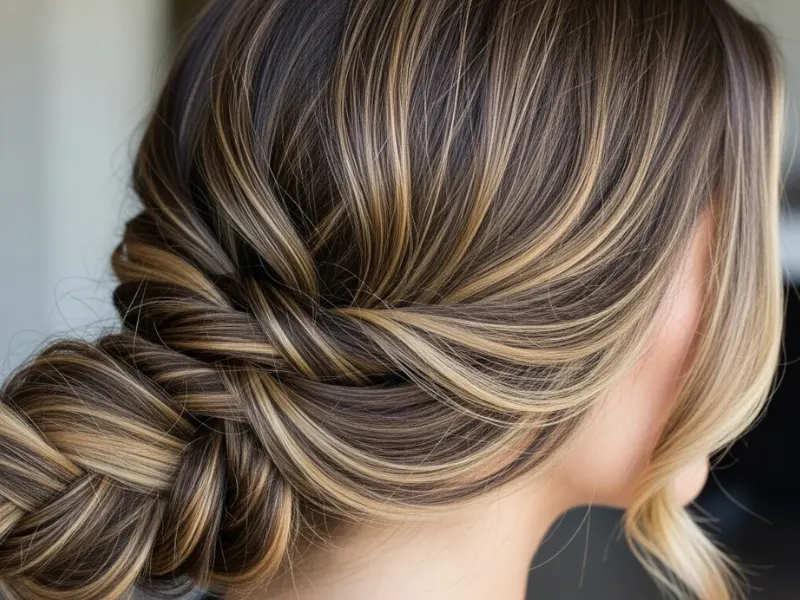 Chocolate brown hair with honey blonde highlights for a radiant, glowing effect