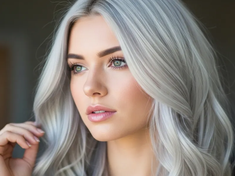 A young woman with icy platinum ash blonde waves styled gracefully, glowing with soft lighting.